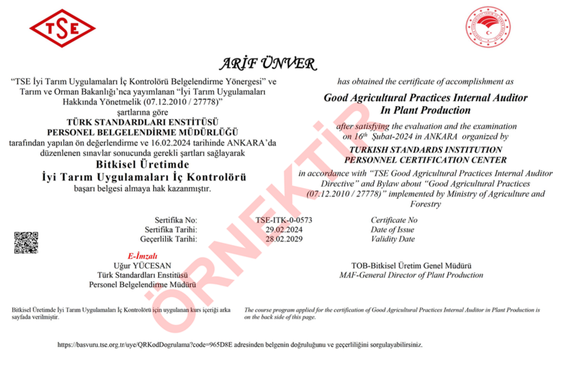 İYİ TARIM UYGULAMALARI İÇ KONTROLÖR BELGESİ