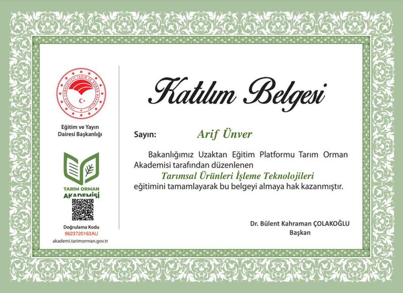 TARIMSAL ÜRÜNLERİ İŞLEME TEKNOLOJİLERİ EĞİTİM BELGESİ