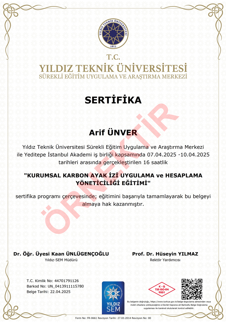 KARBON AYAK İZİ UYGULAMA VE HESAPLAMA YÖNETİCİLİĞİ EĞİTİM BELGESİ